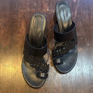 Tory Burch Black Leather Cutout Slide Sandals